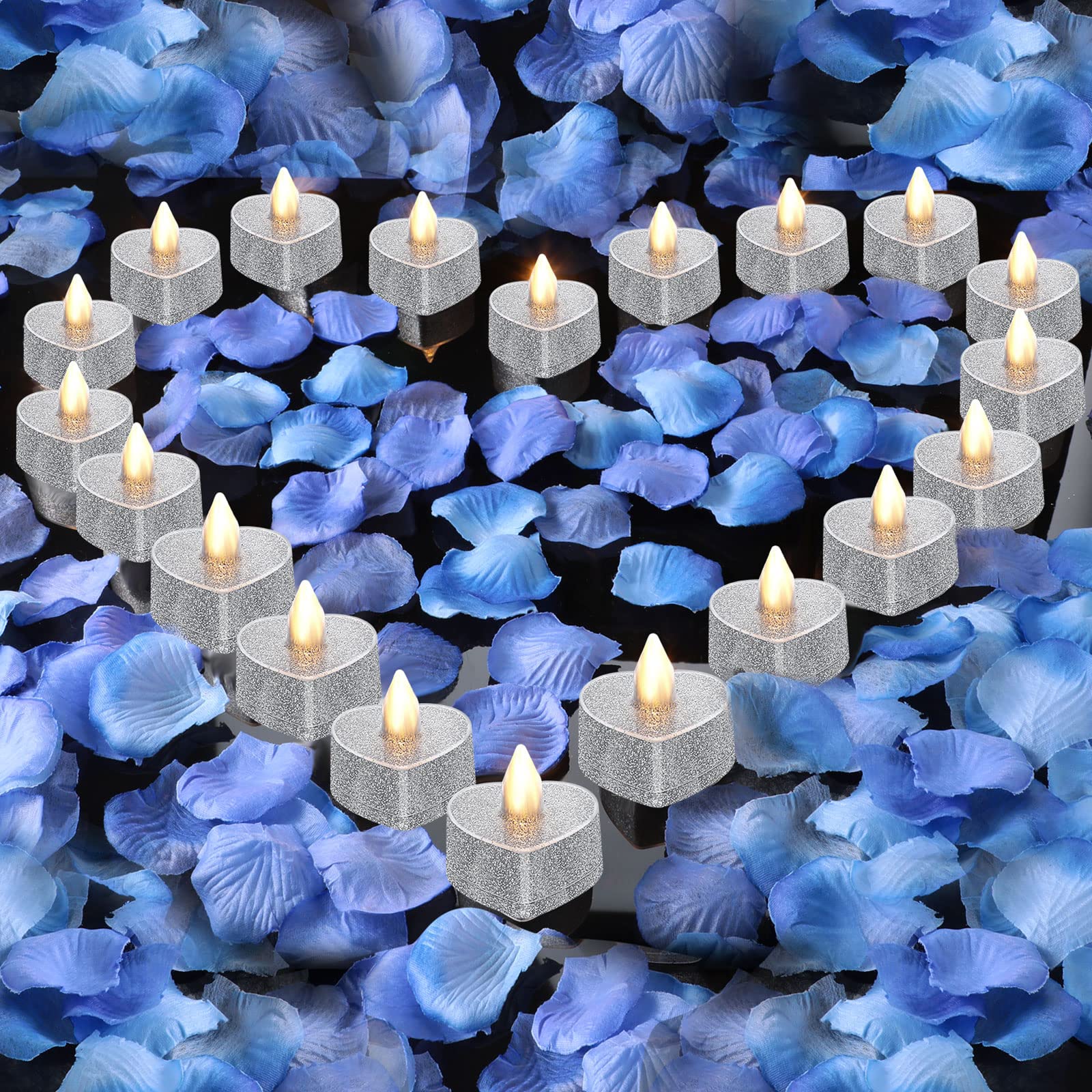 Photo 1 of 1000 Pieces Artificial Rose Petals with 20 Pieces Valentine Romantic Heart LED Tea Lights Glitter Romantic Flameless Candles for Romantic Night Valentine's Day Anniversary Wedding (Silver)