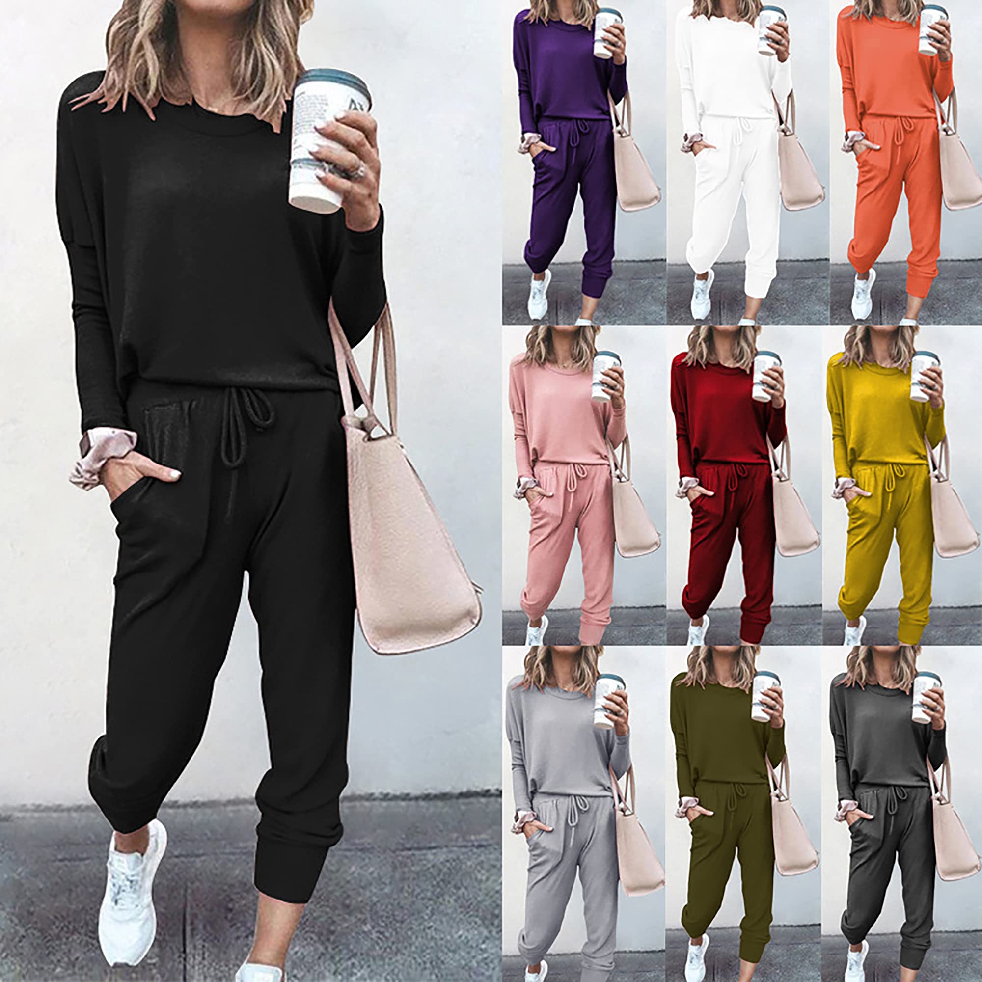 Survêtement Femme Ensemble de Sport 2 Pièce Sweatshirt + Pantalon avec Poches Casual Pyjama D'Intérieur Jogging Pullover Outwear Tenue Yoga Sportswear