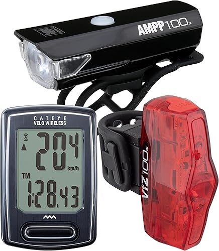 CATEYE Velo Wireless USB GO Kit  Computadora inalámbrica Velo para bicicleta, AMPP100 OptiCube, luz de seguridad recargable USB ViZ100, para