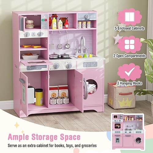 Miniatura 4 de Costzon Kids Kitchen Playset, Wooden Toddler Play Set wReal Lights & Sounds, Sink, Faucet, Water Dispenser, Microwave, Oven, Washing Machine, Little