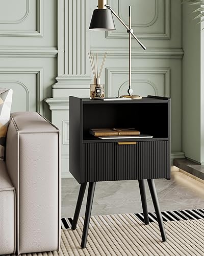 Miniatura 5 de Mesita de noche, moderna mesita de noche con cajón de almacenamiento y estante de madera abierta, mesita de noche decorativa con patas de madera