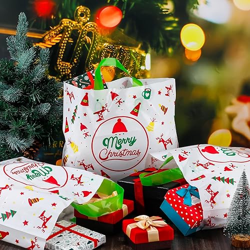 Miniatura 5 de Fulmoon 200 bolsas de regalo de Navidad, bolsa de compras de plástico para mercancías con asas, bolsas de regalo de vacaciones para golosinas, ropa,