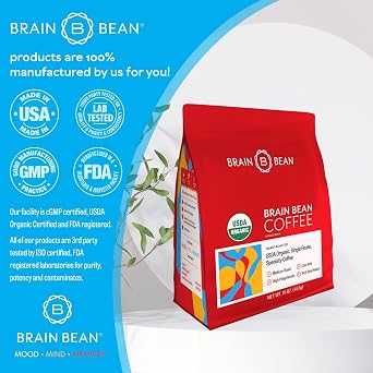 Brain Bean Organic Coffee USDA Certified Organic Whole Bean Medium Roast Premium Specialty Coffee Fresh Roasted for Rich Aroma & Smooth Balanced Flavor 16 oz