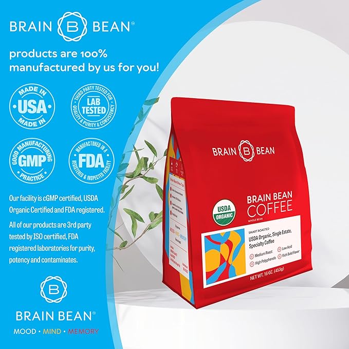 Café Brain Bean Orgánico en Grano - Tostado Medio - 16 oz miniatura 4