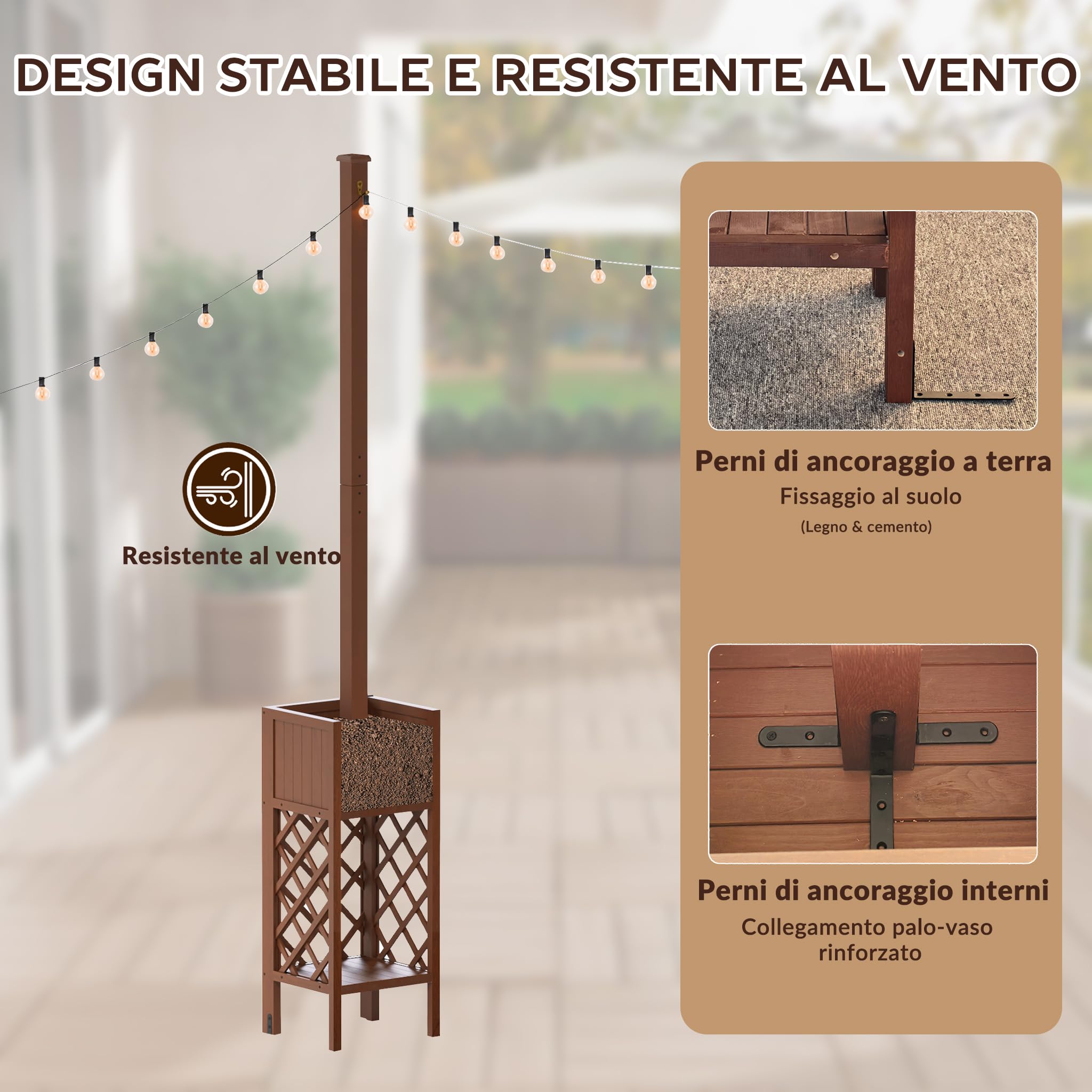 Set di 2 Pali per Catene Luminose da Esterno con Fioriera, Altezza 264cm, Legno Massiccio Resistente alle Intemperie & Antivento, Supporto 3-in-1 per Giardino, Terrazzo & Matrimoni (Senza Decorazioni)