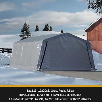 ShelterLogic Replacement Cover Kit Only No Frame-12x20x8 Peak Gray 131113 for ShelterLogic 12x20x8 Garage in-A-Box Models 62790,62675,62690,62677,62692, 62792 (7.5oz Gray)