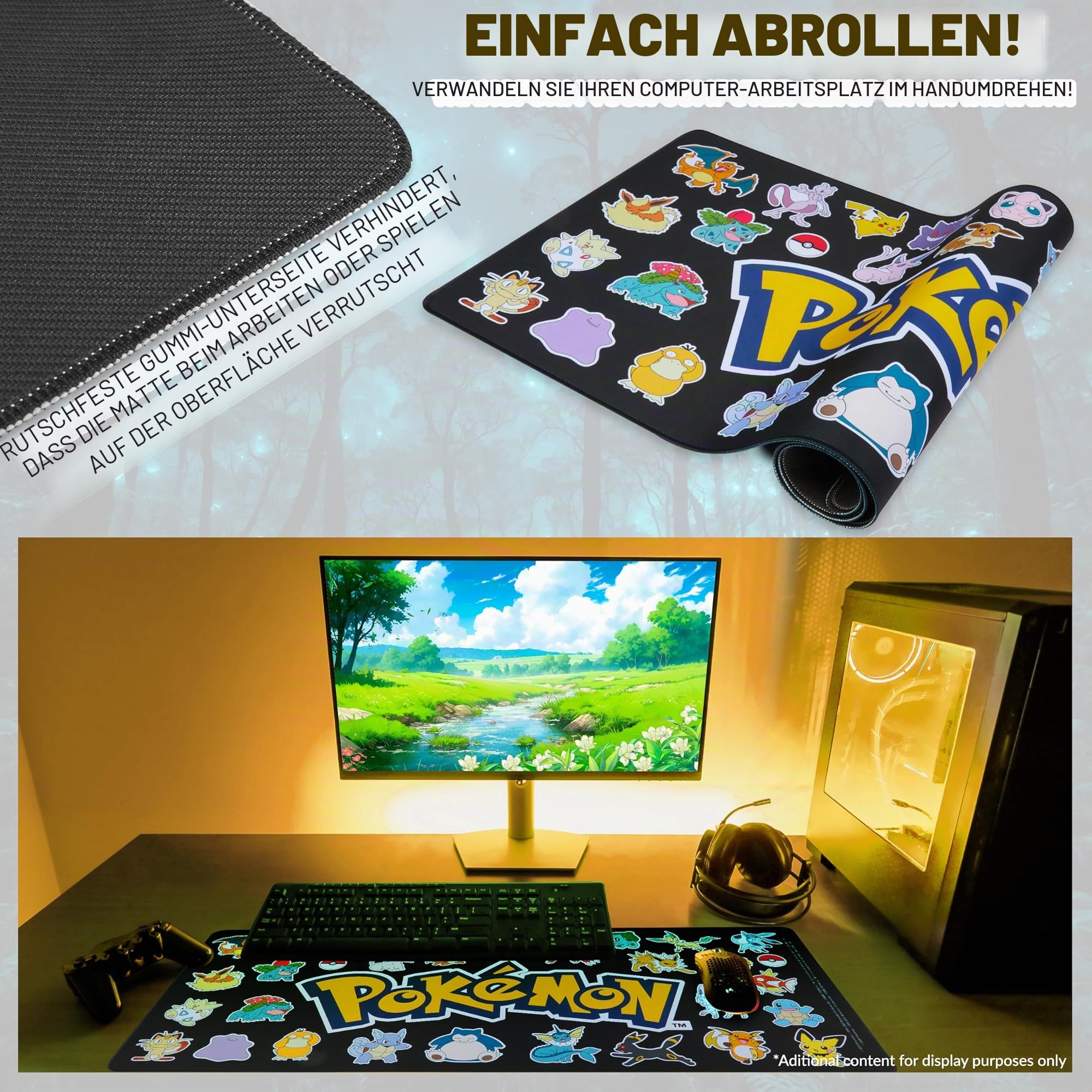 Pokemon Mauspad XXL 80x35 cm Schreibtischunterlage Groß Cooles Pikachu Mousepad Gaming rutschfest Schreibtisch Unterlage PC Gamer Mouse Pad (Schwarz)