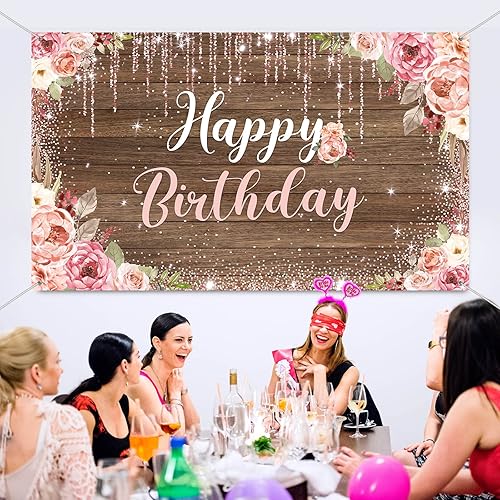 Miniatura 6 de Decoraciones de fondo de feliz cumpleaños para mujeres, suministros de fiesta de fondo, fotografía de fondo de rosa para niñas y niños, pancarta de