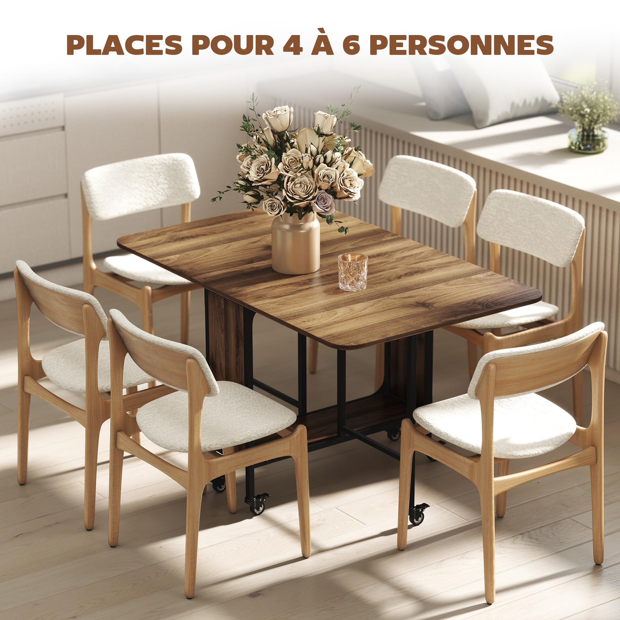 HOMCOM Table à Manger Pliante sur roulettes, Table de Cuisine pour 6 Personnes avec 2 abattants et étagère intégrée, pour Petits espaces, Salle à Manger, 130 x 80 x 74 cm, Marron