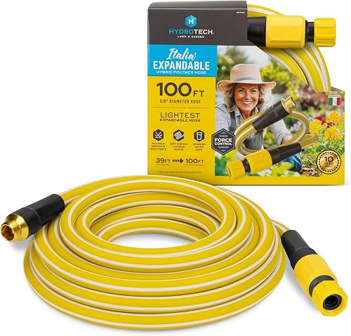 HydroTech Italia Expandable Garden Hose 5/8in x 100ft, Hybrid Polymer Water Hose, Kink-Free Flexible Hose with Force Control Technology, Lightweight Hose for Flowers, Plants & Garden Beds, Yellow