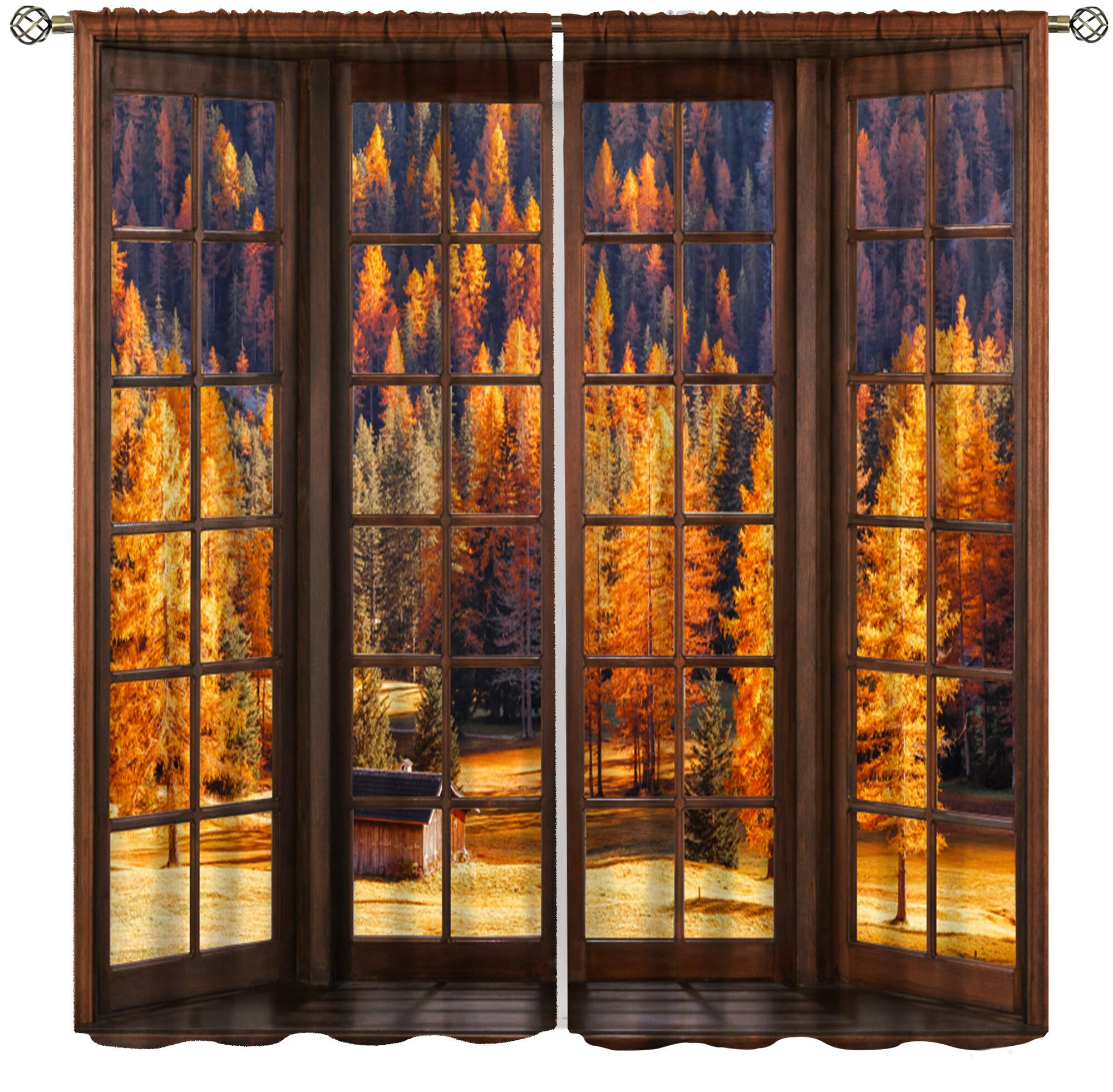Llylumty Nature Forest Kitchen Curtains,Rustic Country French Autumn Forest Landscpae Cabin House Nature View 3D Print Rod Pocket Blackout Window