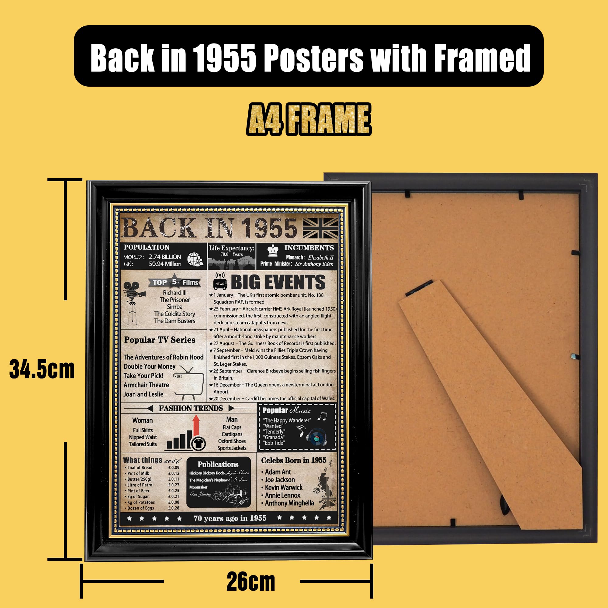 Allestimento 70° Compleanno Oro Nero: Poster Vintage “Back In 1955” Con Supporto Da Tavolo Per Uomini E Donne - Decorazioni Tema Settantesimo Compleanno