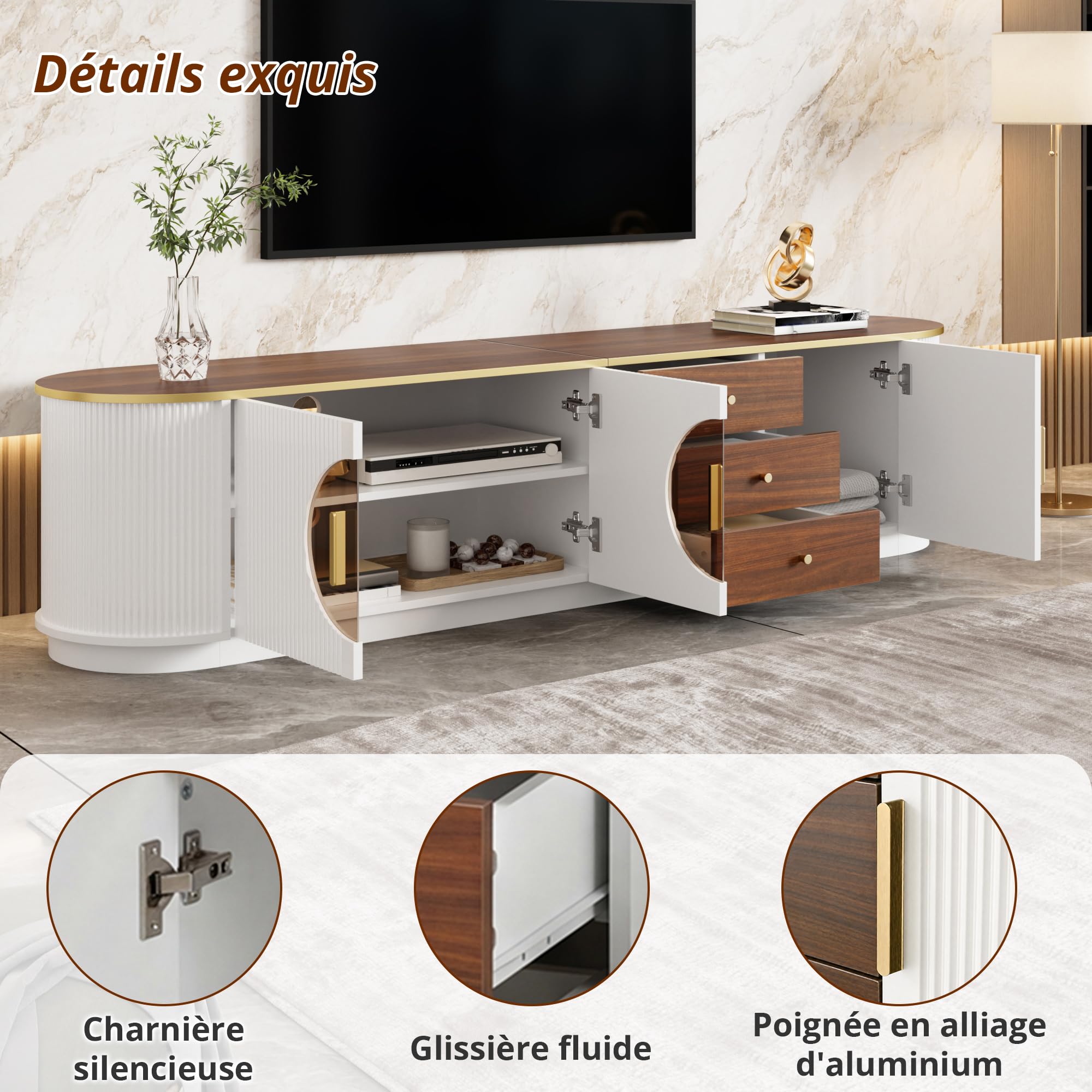 Meuble TV,Support Télé,3 Portes,2 Etagères,3 Tiroirs,Longueur 180cm,Table Télé de Salon,Armoire Basse Moderne en Bois Salle de Séjour Intérieur,Ovale