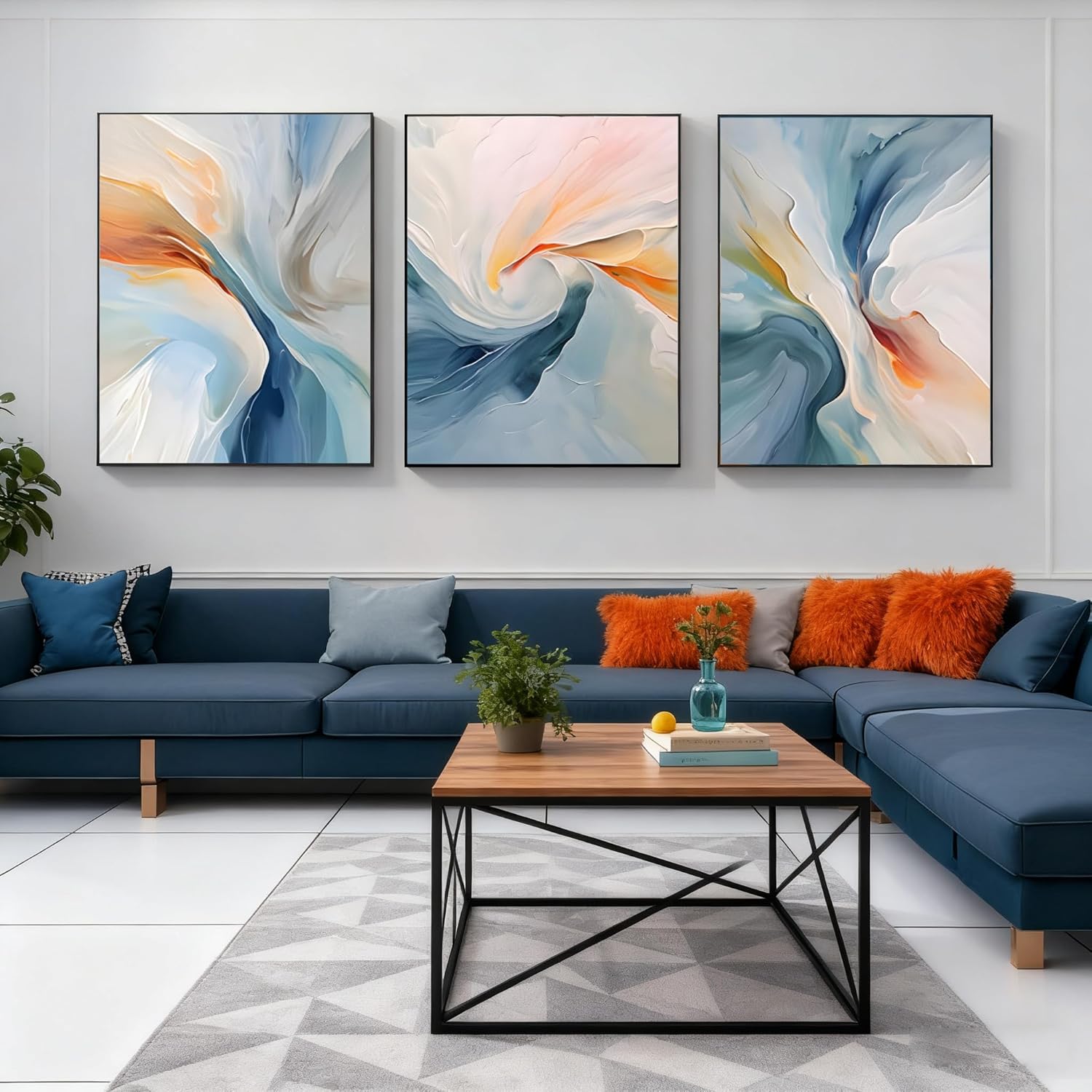 VARUFLY Large Modern Abstract Wall Art Set of 3, Blue and Orange Swirl Extra Big Canvas Prints for Living Room, Framed Ready to Hang for Office, Bedroom Wall Decor 24“X 32”
