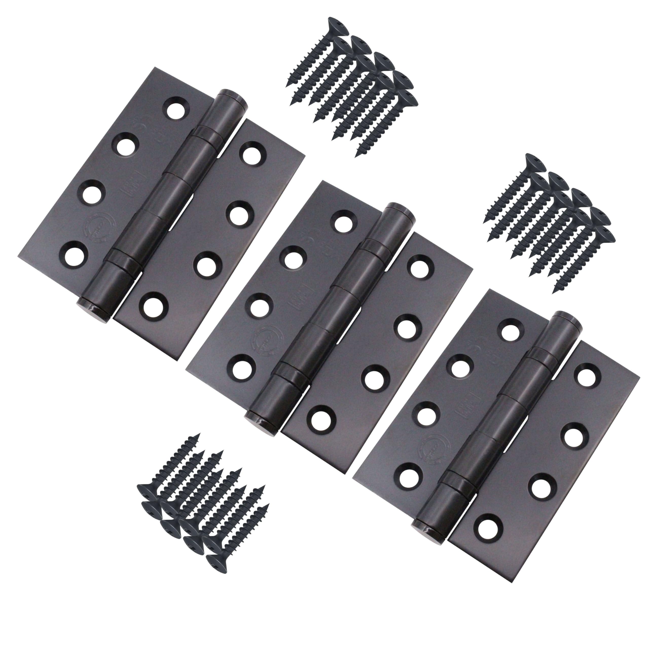 EAI Black Fire Rated Door Hinges Grade 13 | 4 Inch / 102 x 76mm Matt Black Ball Bearing Hinges | 1.5 Pairs / 3 Pack with Fixings