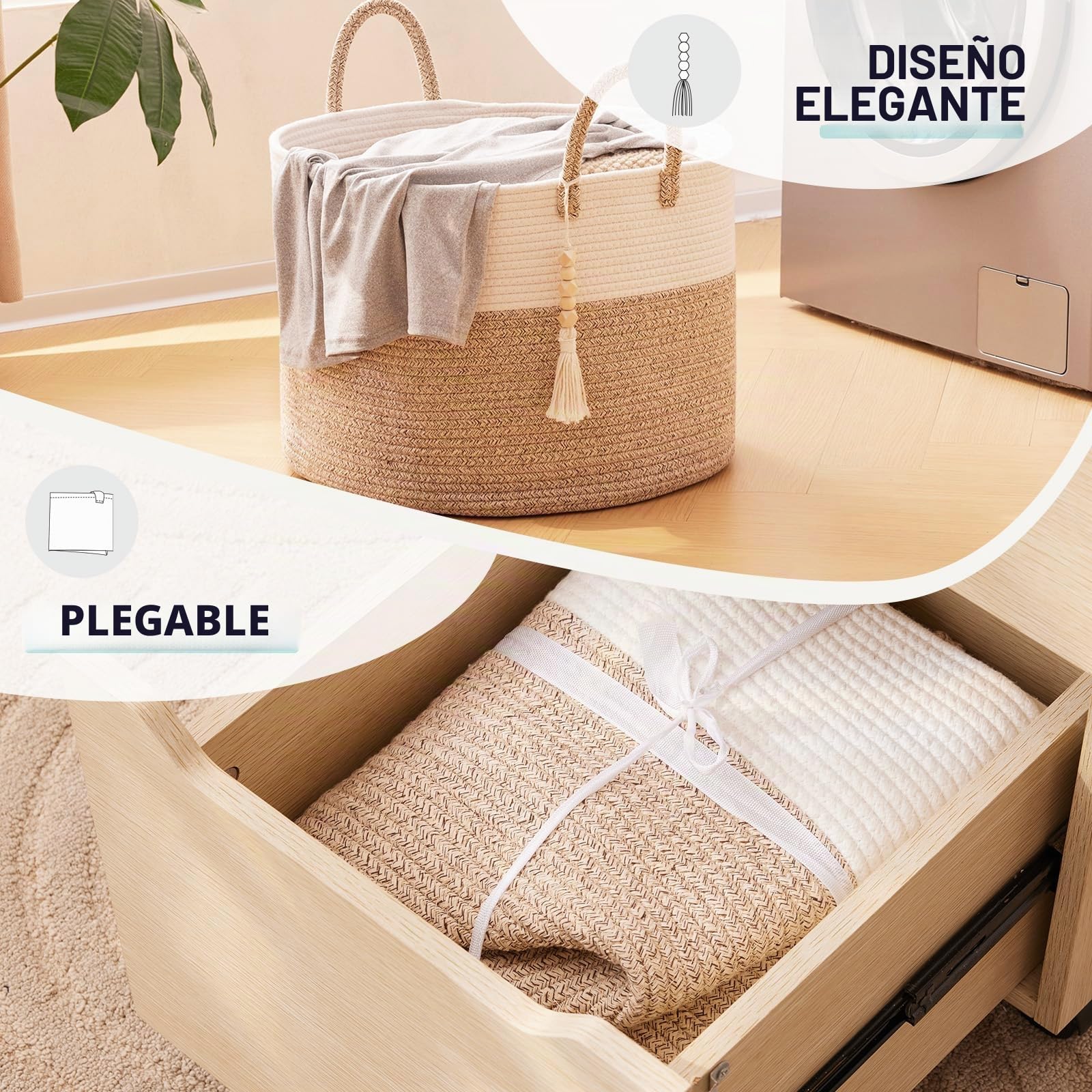 YOUDENOVA Cesta de lavandería con cuentas colgantes de madera, cesta de almacenamiento de juguetes para niños, cesta de manta de cuerda de algodón grande, cesta de almacenamiento tejida para