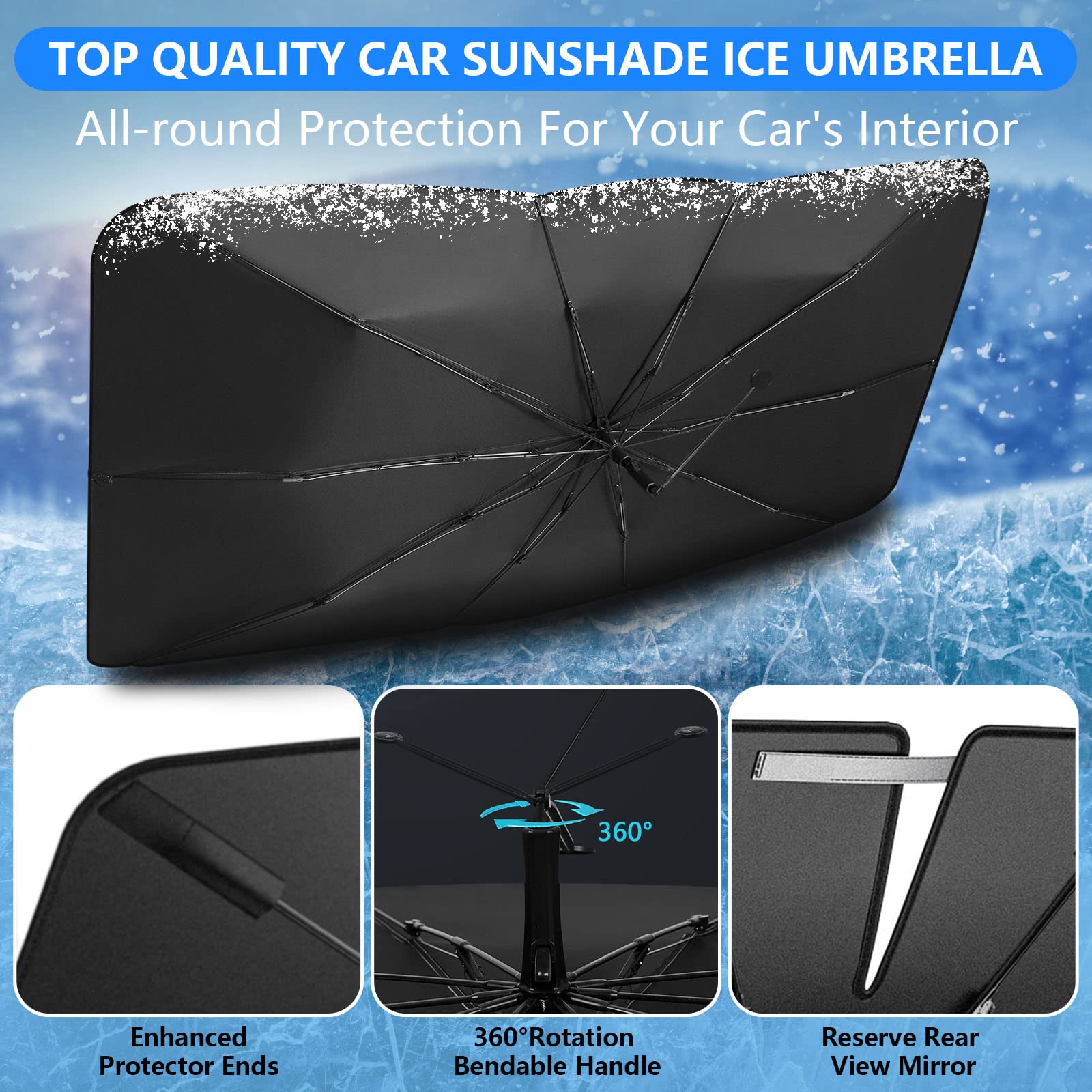 FIRAWER Car Windshield Sun Shade Umbrella for Most Vehicles, 2023 Upgraded Sunshade Car Windshield Umbrella with 360° Bendable Handle for Protect Car Interior, Full Cover Shade UV/Block Heat, 57x33 in
