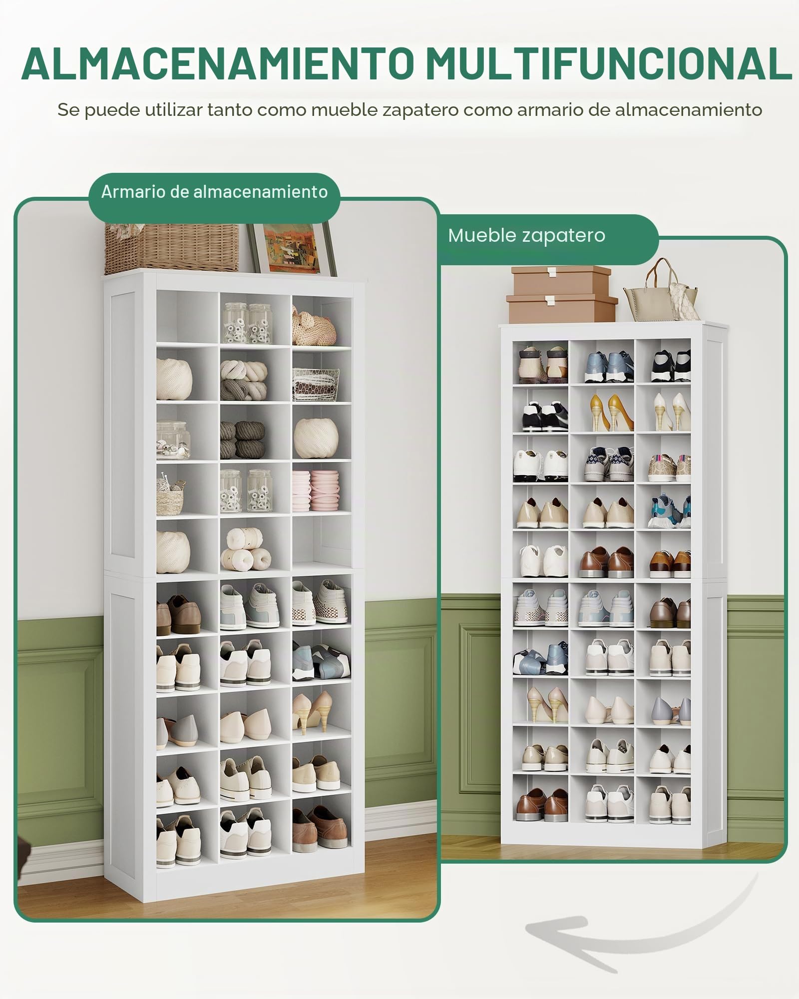 Hzuaneri Mueble Zapatero con 30 Compartimentos, Zapatero Entrada Recibidor con Estantes Ajustables, 73 x 30,5 x 180 cm, Blanco SR53003X