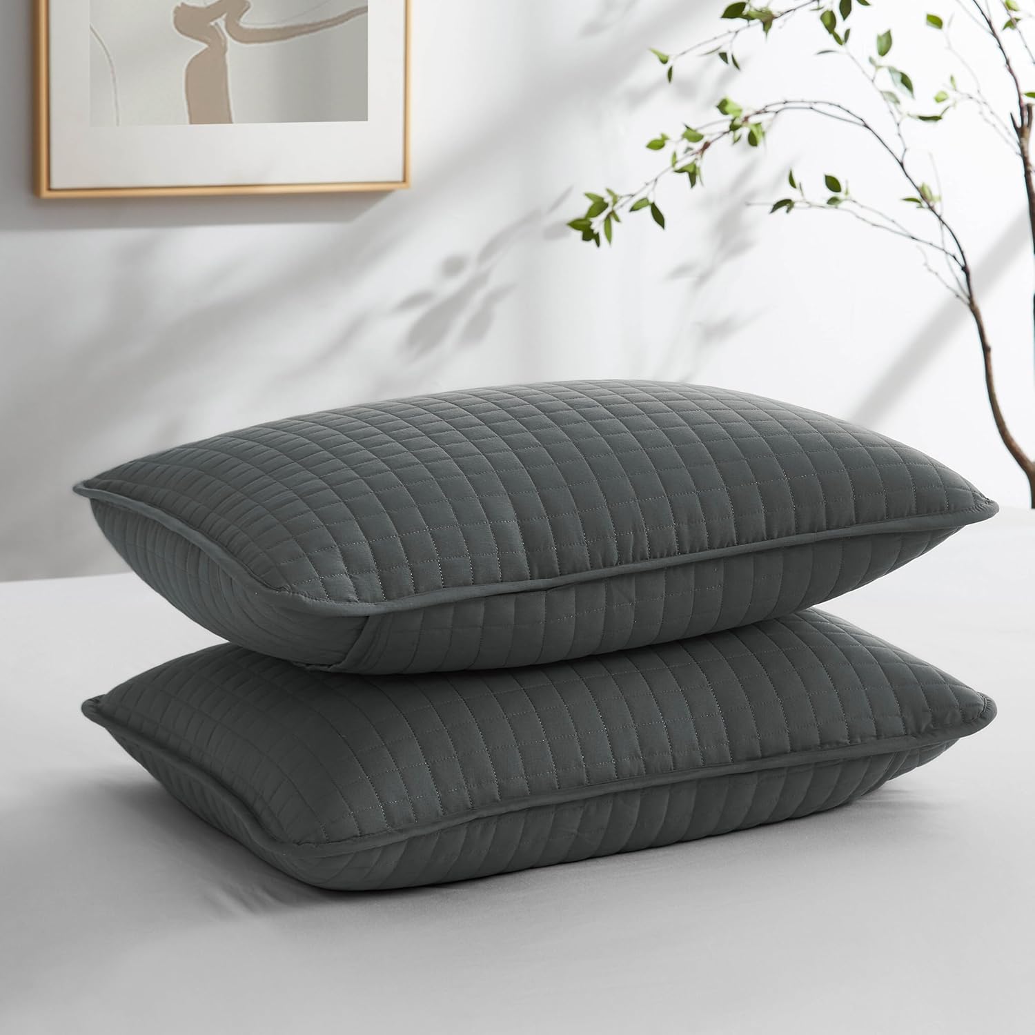 Southshore Fine Living, Inc. Decorative Pillow Covers Standard Size 20"x26", Pillow Shams Queen Size Set of 2, Fits Twin/Full/Queen Bed, Quilted Pillow Shams Complement Quilt Set, Slate Grey