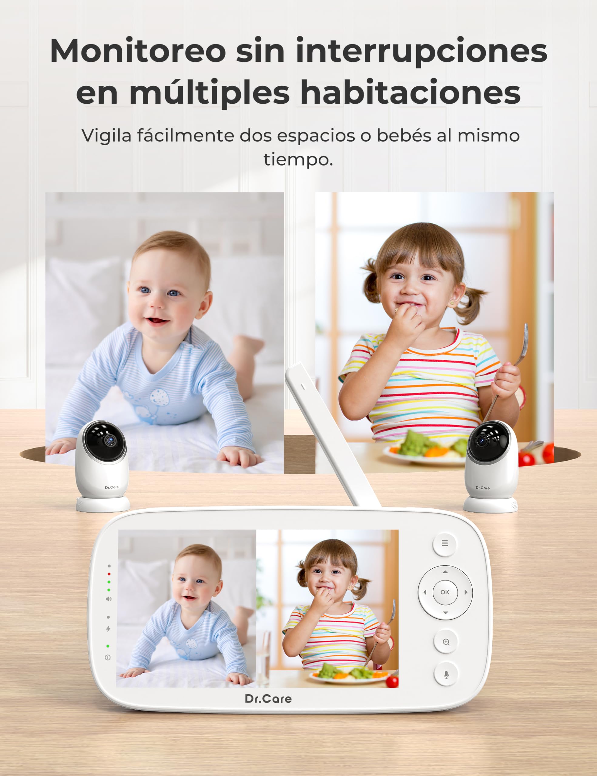 Dr.Care Cámara Vigilancia Bebé con Detección de Movimiento, Sin WiFi, Pantalla HD 5" 1080P, Visión Nocturna y Rotación e Inclinación, 5000mAh Larga Duración de Batería, VOX