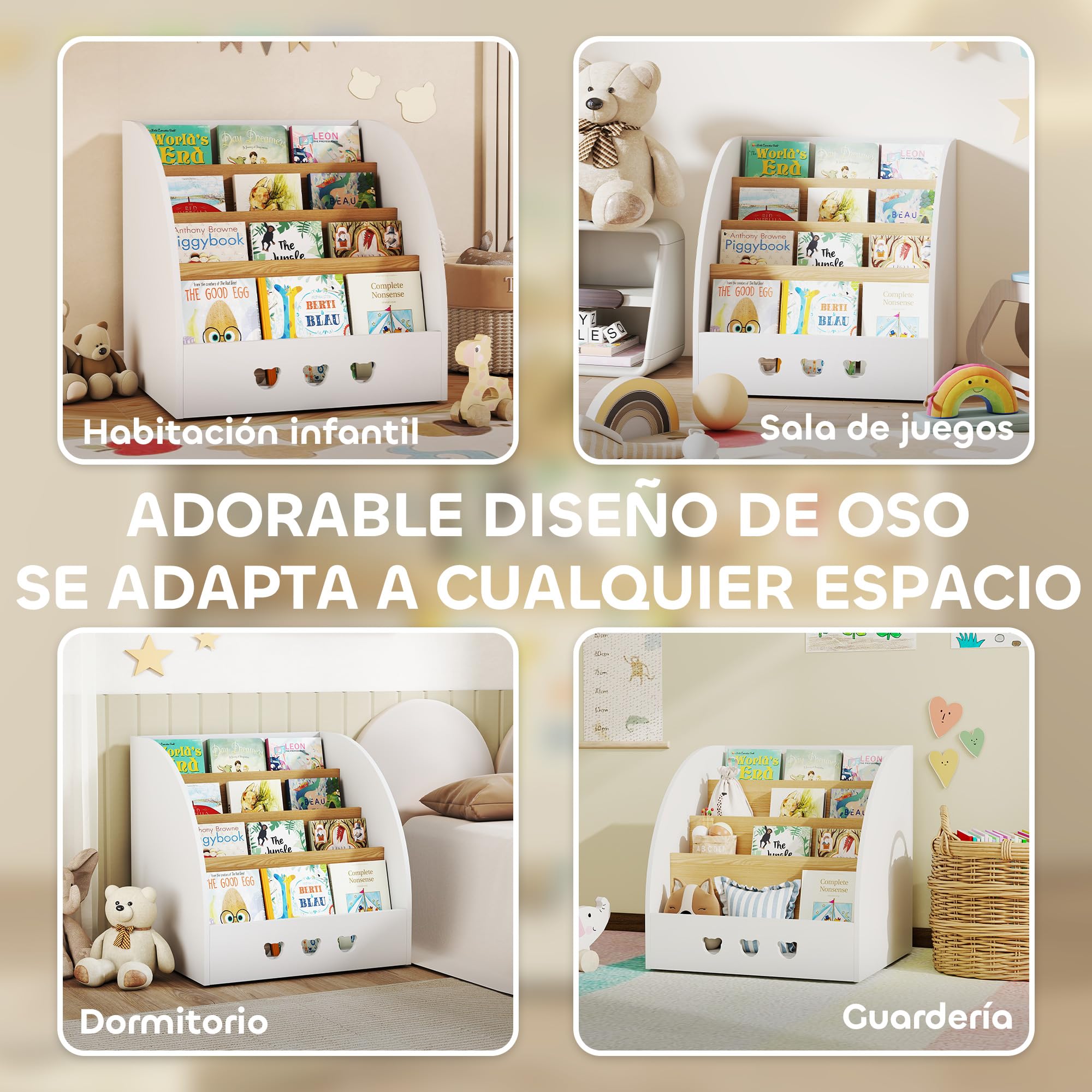 AIYAPLAY Estantería Infantil para Juguetes con Compartimento Oculto Organizador de Juguetes de 4 Niveles con Ruedas para Habitación Infantil Sala de Juegos Guardería Blanco y Natural
