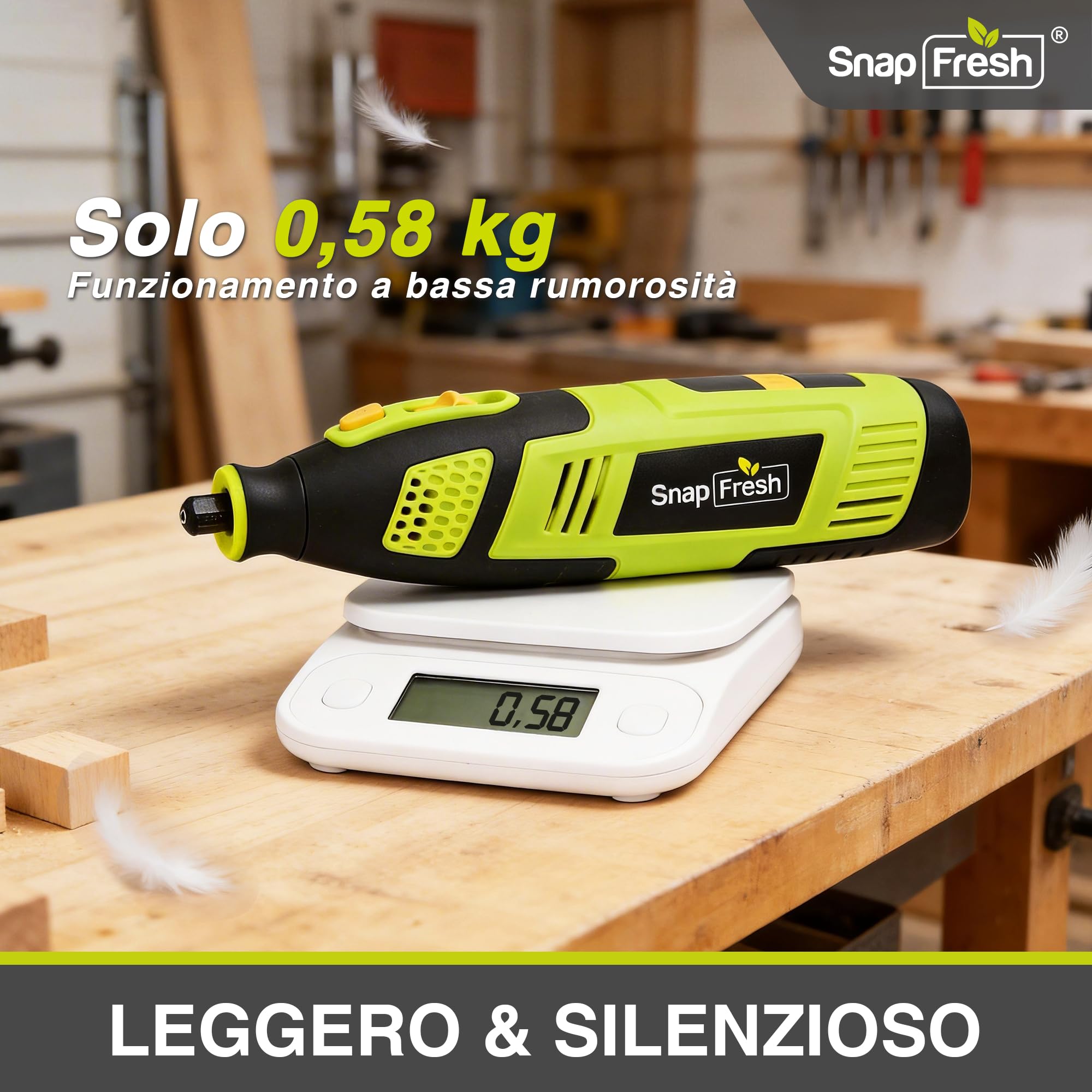 SnapFresh Utensile Rotante Multifunzione 12V Mini Trapano Elettrico, 111 Accessori, Velocità Variabile 5000–32000 giri/min, Display Digitale con Memoria, per Incisione, Levigatura, Lucidatura e Taglio