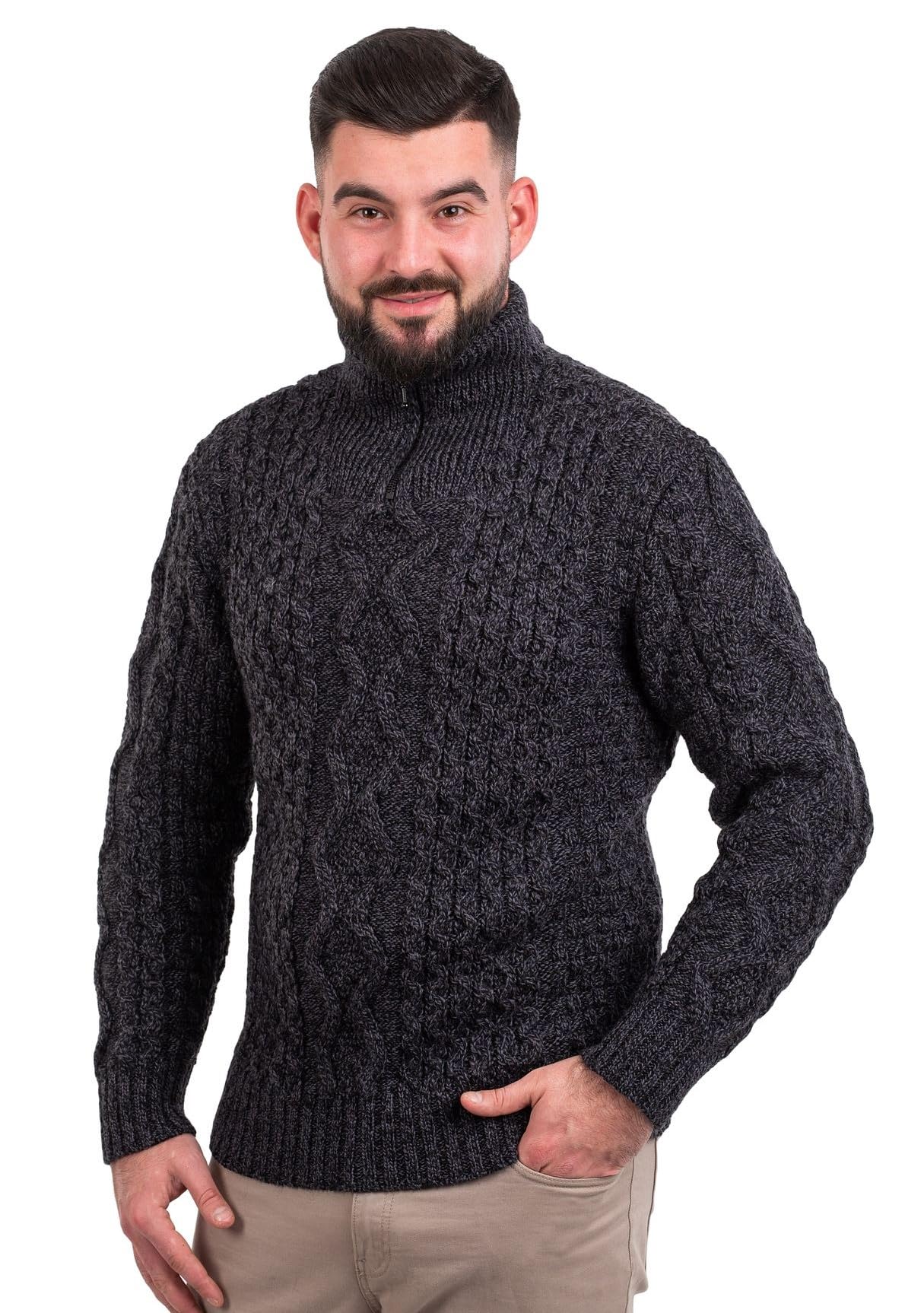 saol Men’s Aran Zip Neck Sweater – 100% Wool Fisherman Knit Pullover – Made in Ireland-picture-33
