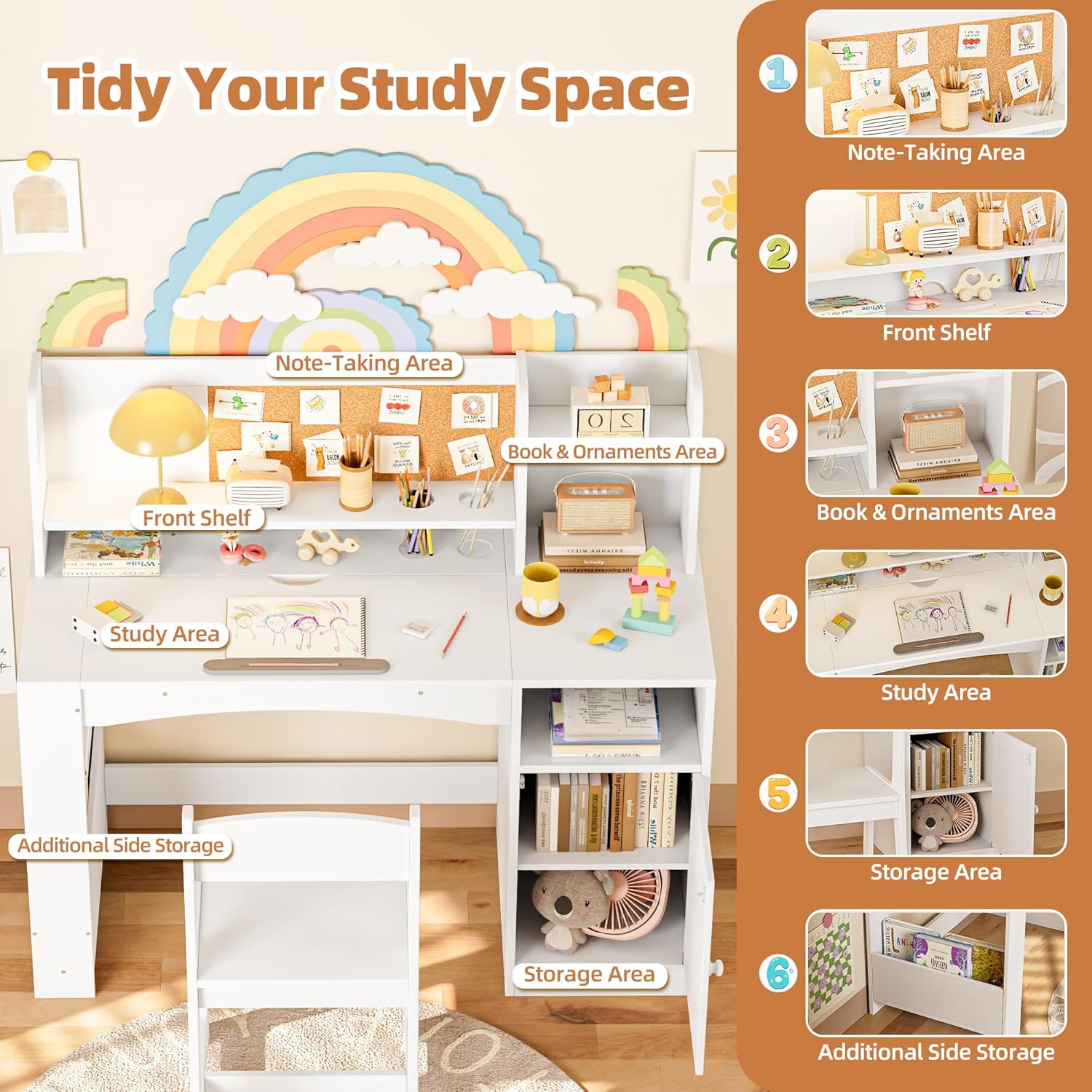 Betterhood 43 in Kids Study Desk with Chair, Tiltable Desktop Kids Desk and Chair Set with Hutch Storage, Wooden Children Study Table for 5-12 Years Old, Student Writing Desk for Bedroom (White)