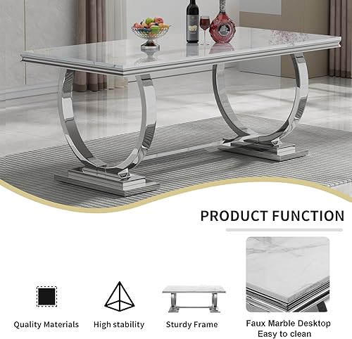 Miniatura 5 de Juego de mesa de comedor de mármol sintético de 70 pulgadas para 6, mesa de comedor blanca y plateada con pedestal de acero inoxidable y 6 sillas de