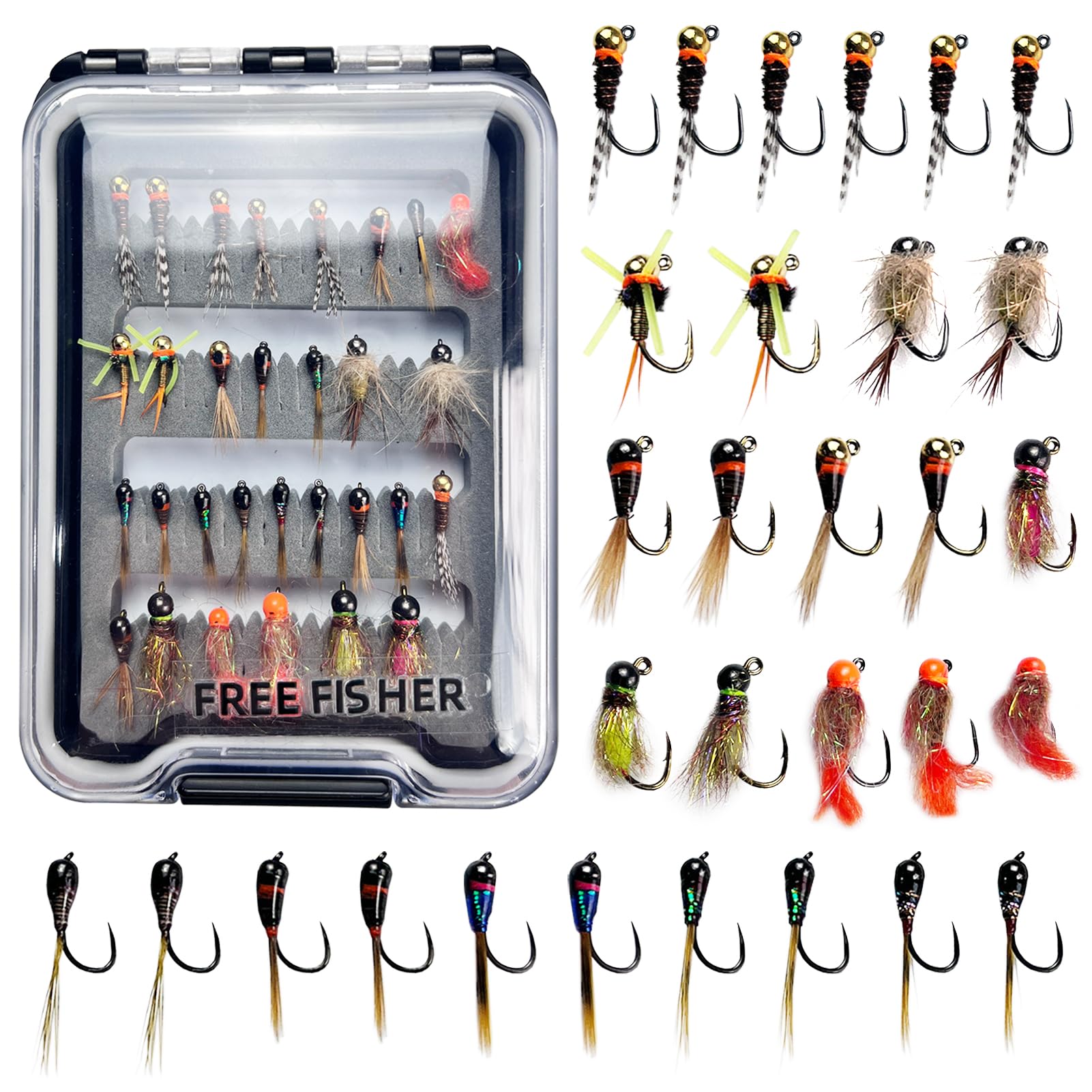 FREE FISHER 30Pcs Fishing Flies Kit, Tungsten Bead Head Wet Nyphms with Luminous Effect Midge Scuds Streamers Fishing Fly Lures with Box #10#12#14#16