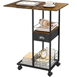 Rolling C-Shaped Side Table with Wheels and Oversized Wood Top, Mobile Overbed Stand with Drawer for Bed or Sofa, Metal Frame Couch Companion for Living Room, Bedroom, or Home Office (Large Desktop)
