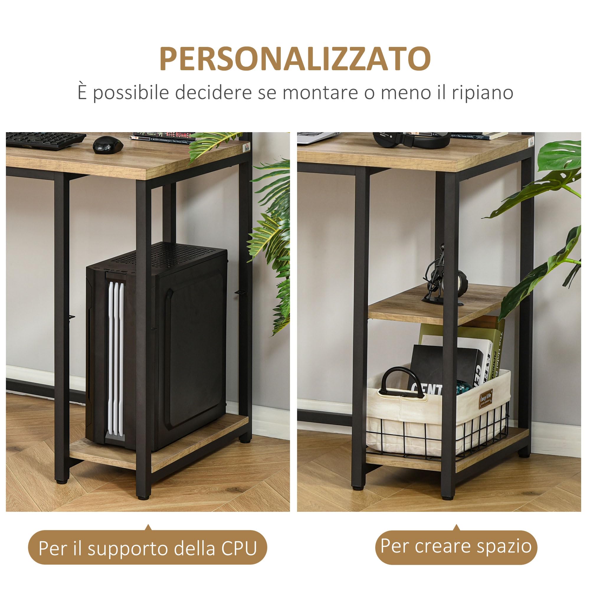 HOMCOM Scrivania Doppia con Mensole per Monitor 200x53x100cm Nero Marrone | Scaffali, Stile Industriale, Scrivania con Libreria Salvaspazio, Ufficio e Studio, Metallo e MDF