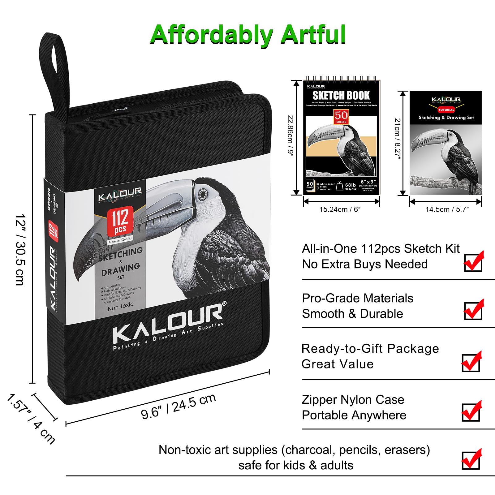 KALOUR PDAS 112 Set da disegno con quaderno da disegno a 3 colori, matite in grafite e carboncino, kit artistico per artisti, adulti, adolescenti e principianti, ideale per ombreggiare e sfumare