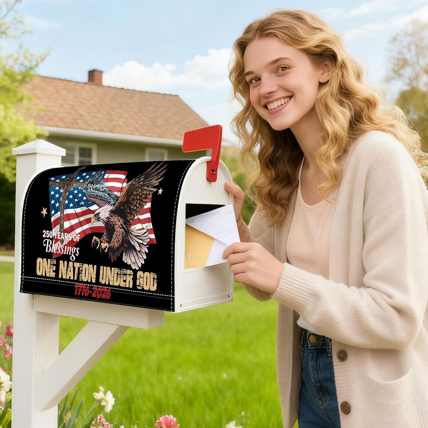 Mailbox Covers Magnetic Standard Size, 250th Anniversary USA Patriotic Eagle Cross Mailbox Wrap, American Flag Outdoor Garden Yard Decor