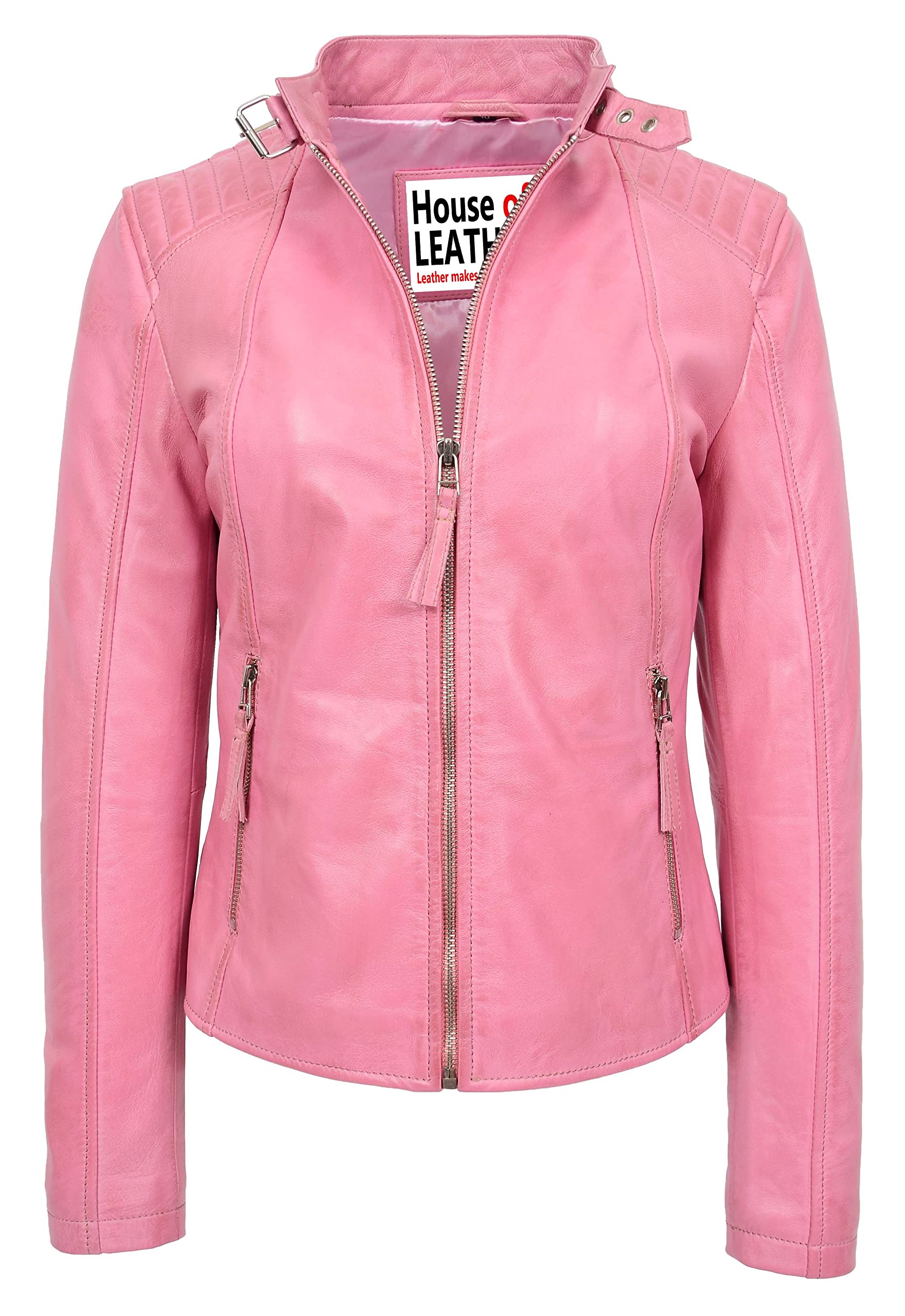 Womens Real Leather Classic Biker Style Jacket Sophia (10, Baby Pink)