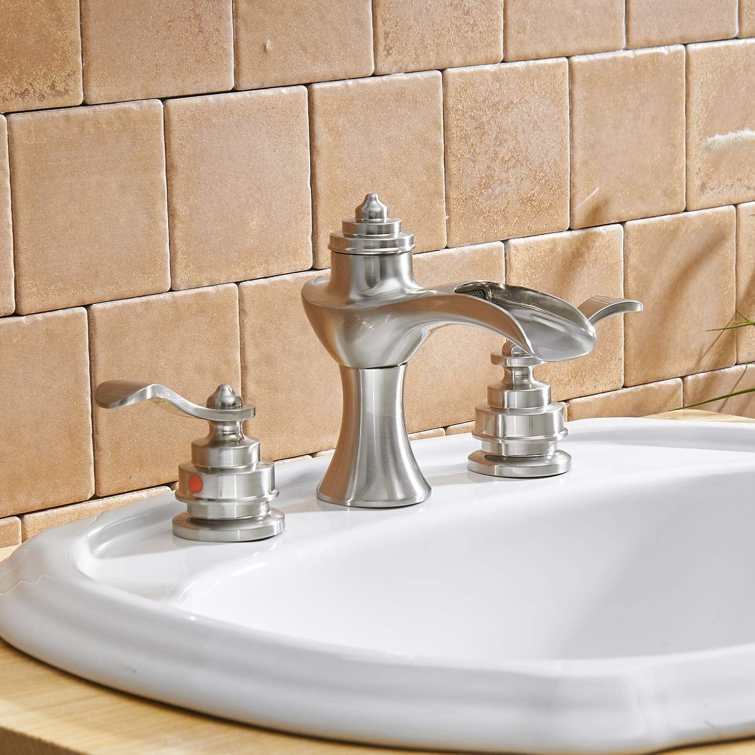 Exclusive Discount 50% Price BWE Widespread Waterfall Bathroom Faucet 3 Hole Brushed Nickel with Pop Up Drain with Overflow Assembly and Supply Hose 2 Handle 8 Inch Spread Vanity Sink Basin Faucets Lead-Free