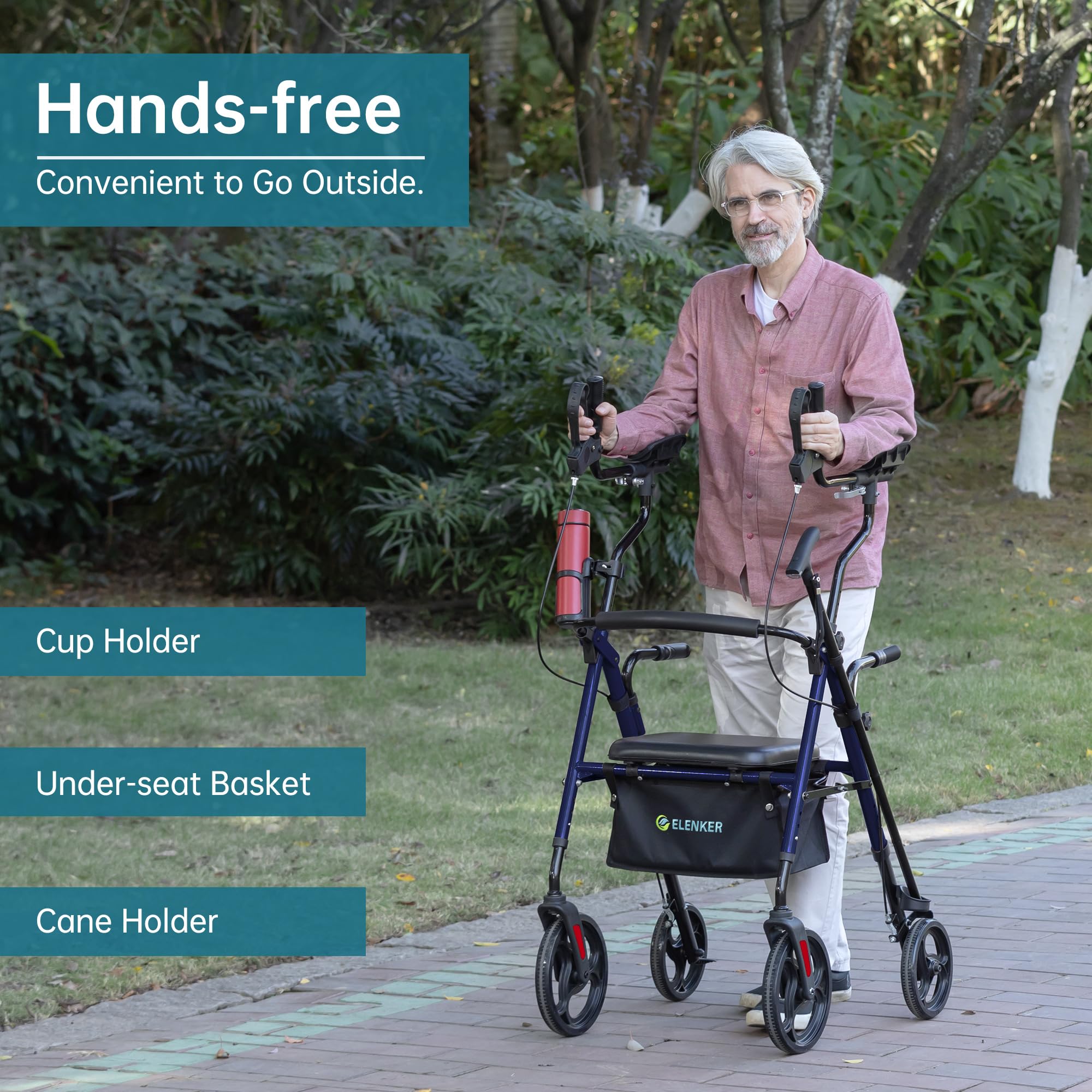 ELENKER Upright Rollator Walker, Stand Up Walkers for Seniors with Armrest, Front Pouch, 10”Wheels, Sponge Padded Seat and Backrest, Fully Adjustment Frame, Blue