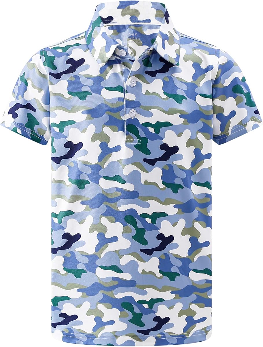 Boys Polo Shirt Short Sleeve Camo Print UPF 50+ Dry Fit 5-14Y | Moisture wicking,Quick dry,Stretch fabric,Camo print,Regular fit,Kids golf and casual Wear,Boys size 5-14