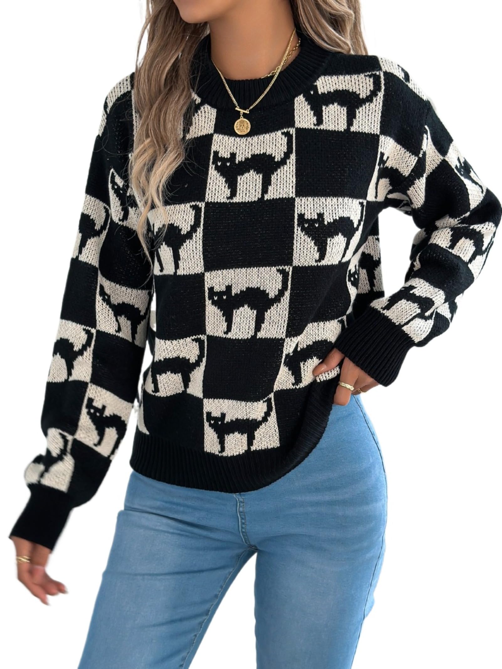 Halloween Cute Ghost Black Cat Knit Sweater for Women Gothic Crewneck Long Sleeve Fall Winter Clothes Fashion Tops