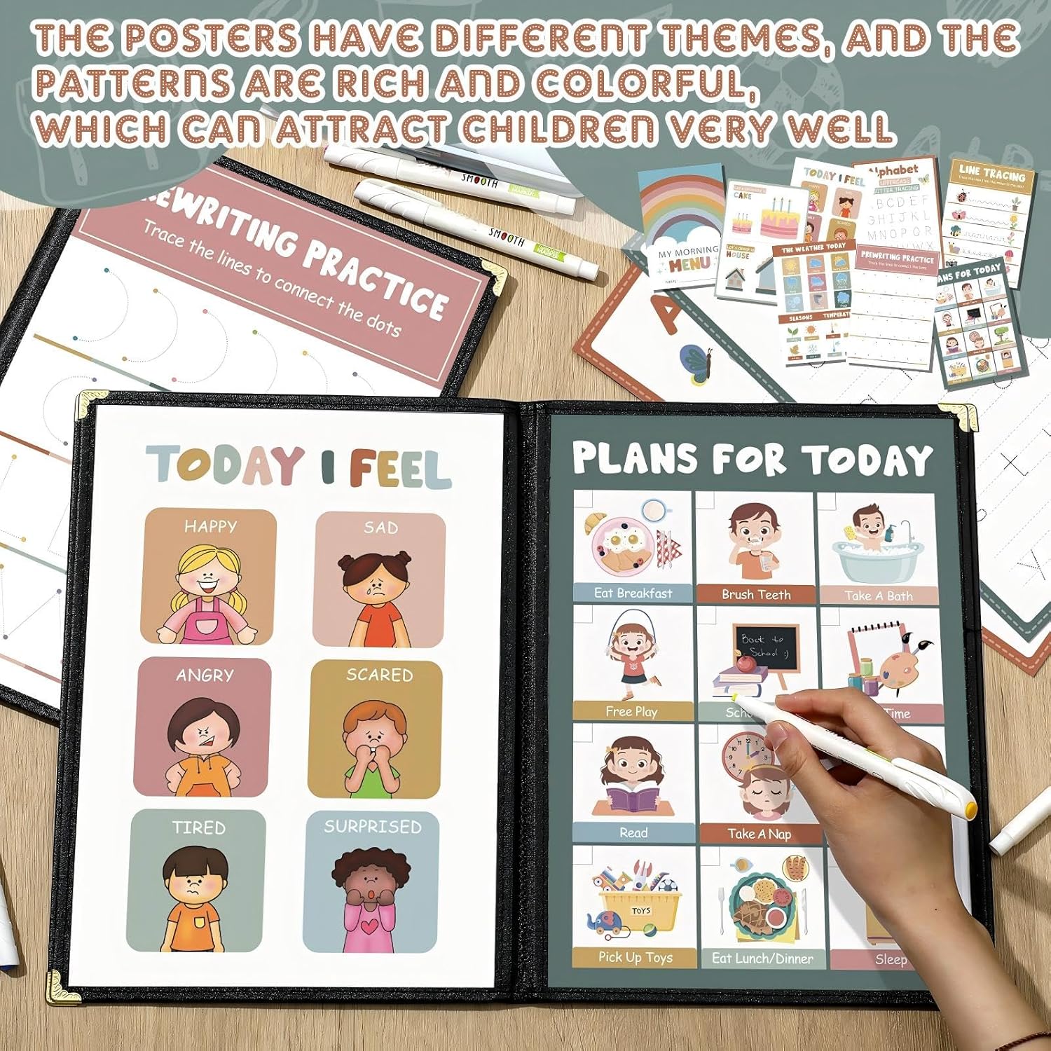 Fuyoooo Homeschool Morning Menu Kit for Preschool Learning – 16 Educational Posters & 2 Menu Covers for Toddlers and Kids, Daily Learning Activities for Homeschool Classroom(Morandi Color)