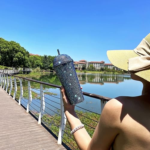 Miniatura 7 de Vaso de 24 onzas con diamantes de imitación hechos a mano con tachuelas, botella de agua reutilizable de plástico con doble pared con tapa y pajitas