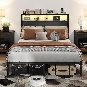 Queen Bed Frame with Headboard, Metal Queen Platform Bed Frame with 2 Tier Storage,Built in RGB LED&Charging Station Type C/USB,Under Bed Storage,No Box Spring Needed,Noise Free,Easy Assembly