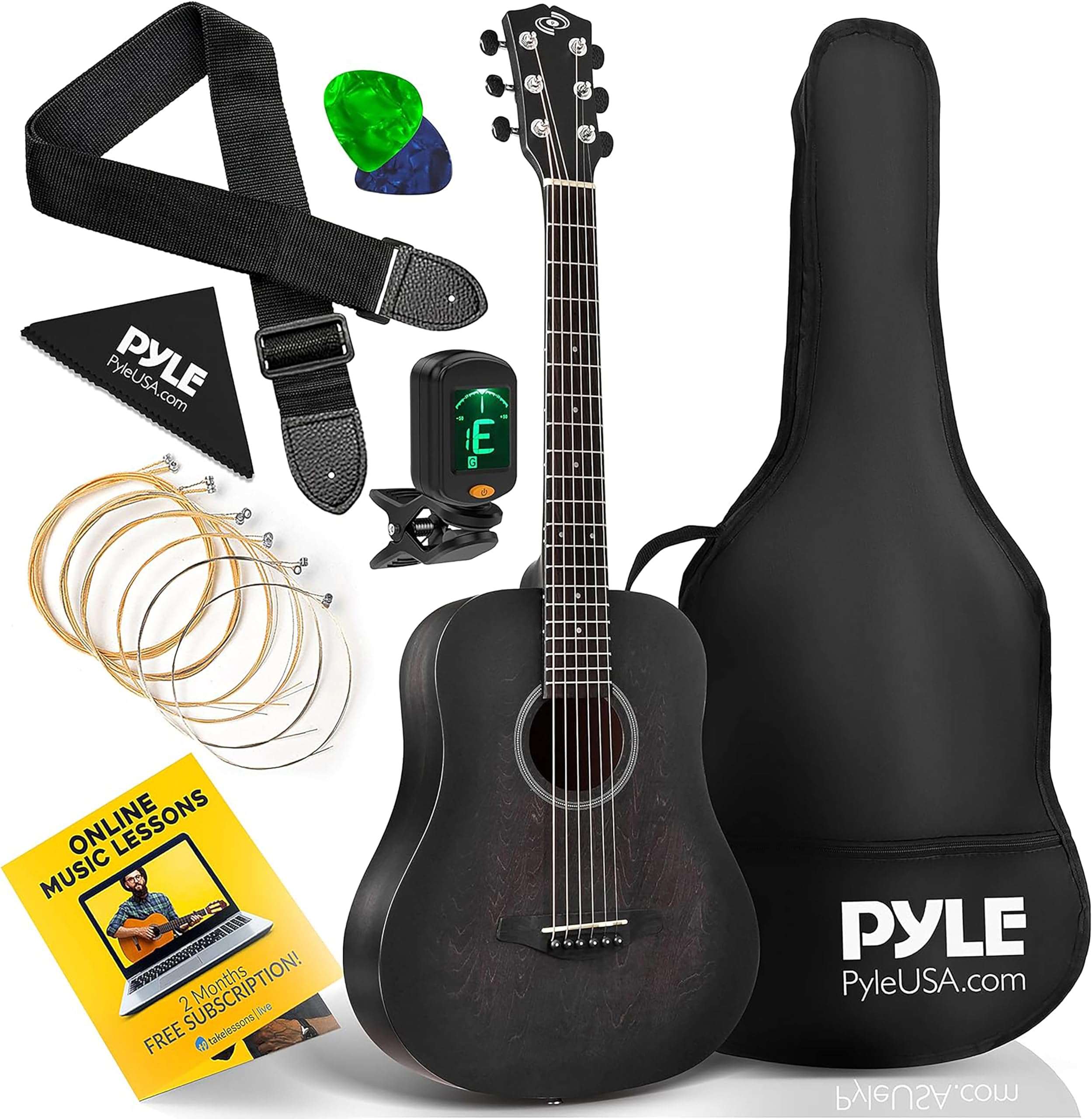 Pyle Kids Acoustic Guitar 1/2 Size 34 Inch Black Beginner Guitar Kit Classical Guitar for Children with Gig Bag Strap Tuner Picks Strings