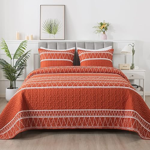 Andency Juego de edredón naranja California King (112 x 104 pulgadas), 3 piezas (1 edredón estampado triangular a rayas y 2 fundas de almohada),