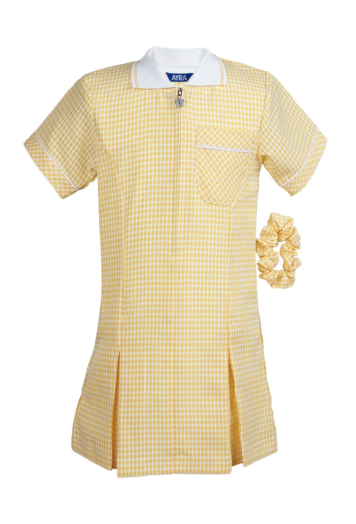 Ayra - Girl's School Uniform Pleated Gingham Summer Dress with Hair Bobble (Scrunchie) (Yellow, Age 3)