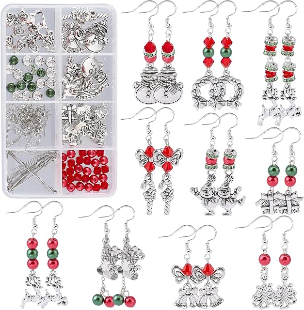 SUNNYCLUE 1 Box DIY 10 Pairs Christmas Charms Snowman Charms Earring Making kit Candy Cane Charms for jewellery Making Reindeer Wreath Gift Box Jingle Bell Christmas Tree Charm Pendants Instruction