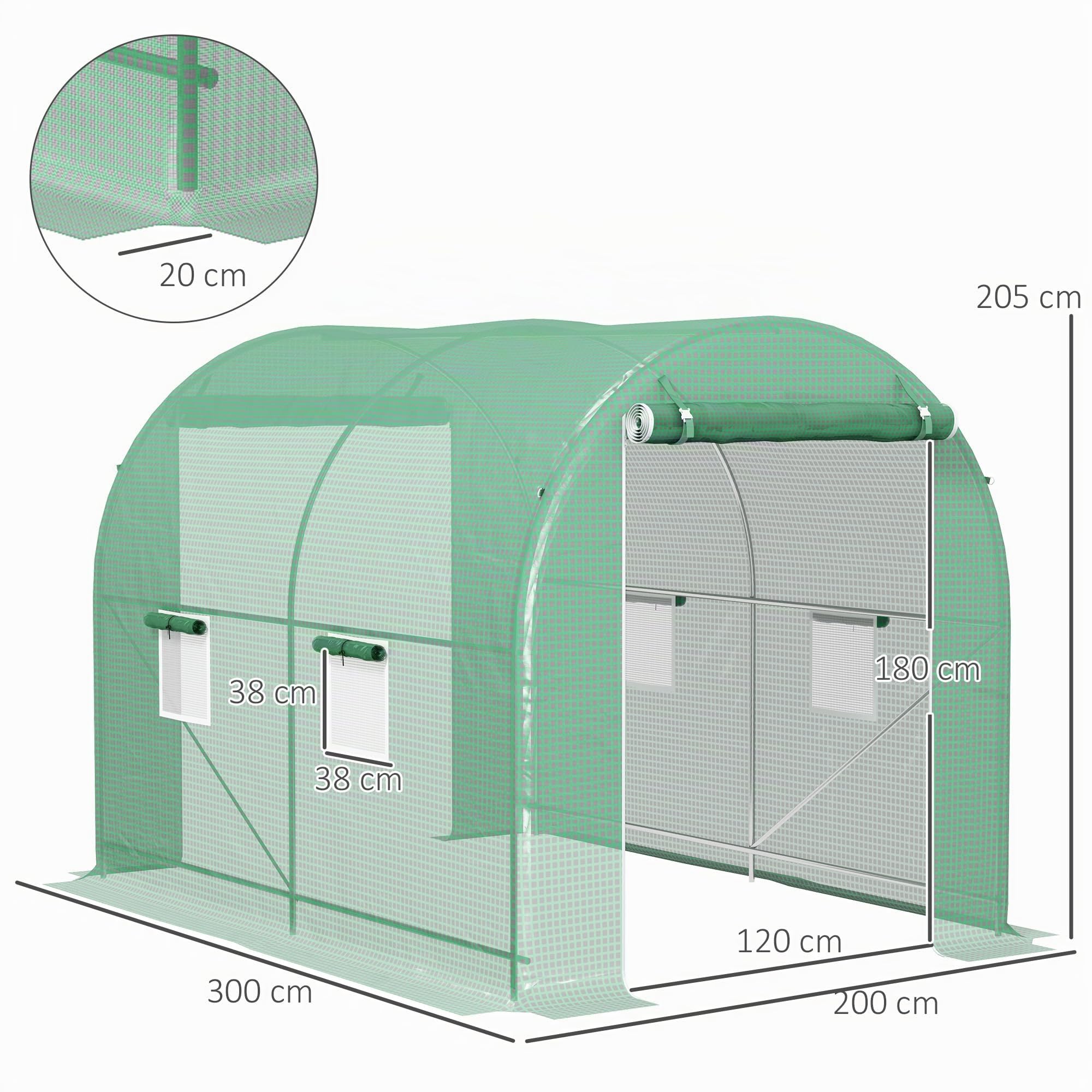 Outsunny Serra da giardino tunnel telaio tubolare rinforzato porta con cerniera finestre arrotolabili verde (300x200x205cm)