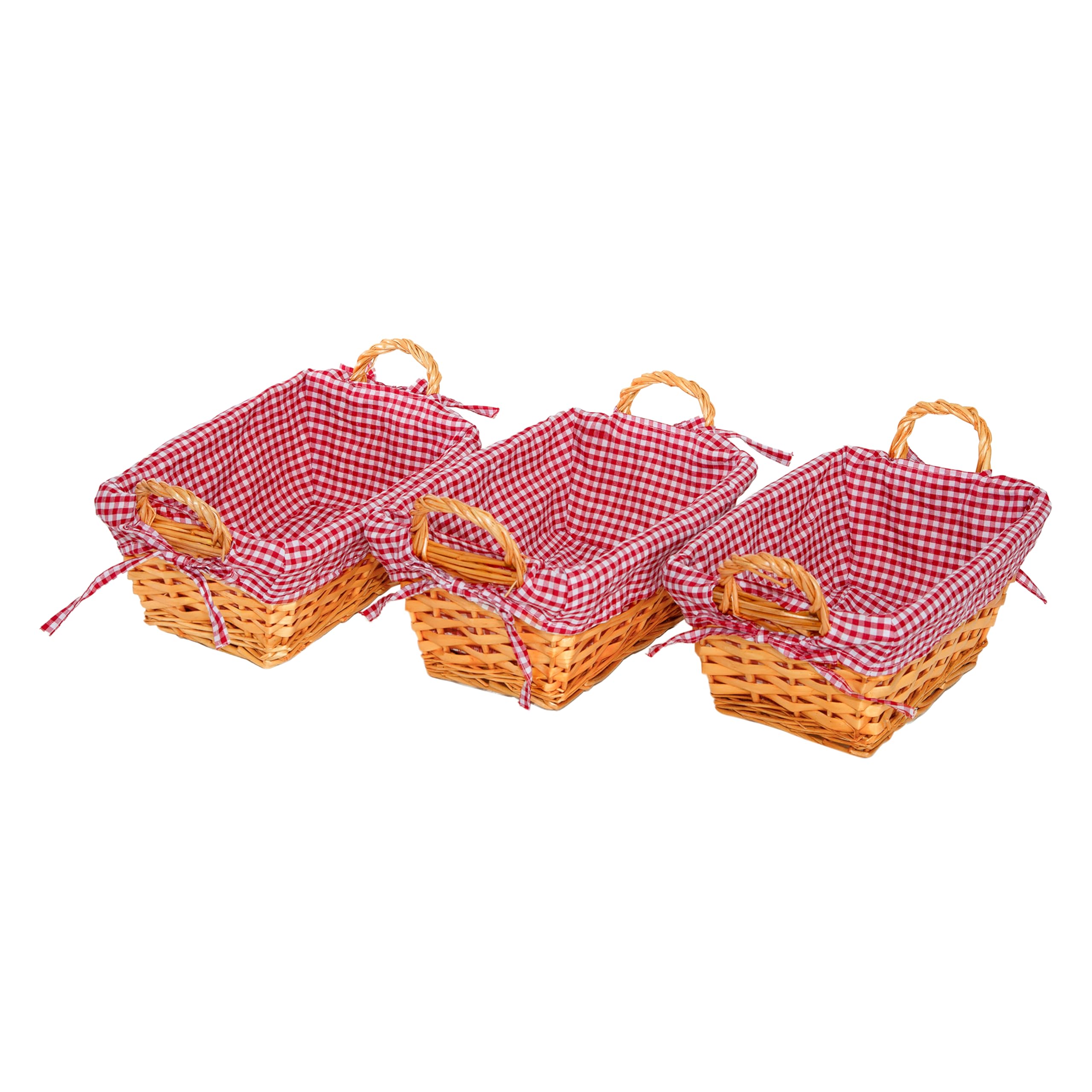 Wickerfield 3PCS Rectangle Traditional Wicker Bread Basket With Handles, Red Gingham Liner, Kitchen Storage, Trade Countertop, Gift