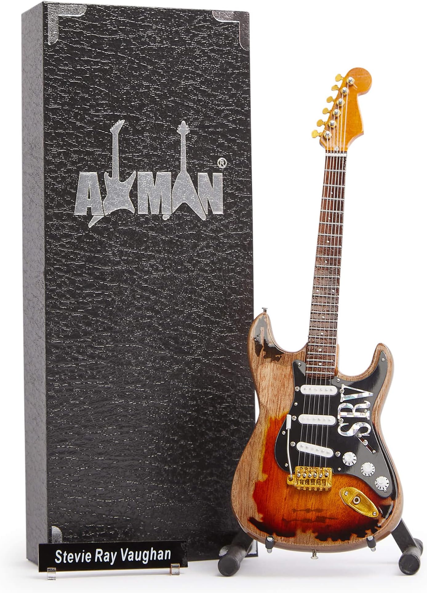 Stevie Ray Vaughan: Number One Weathered - Miniature Guitar Replica - Music Gifts - Handmade Ornamental 1/4 Scale - Includes a Display Box, Name Tag and Miniature Guitar Stand