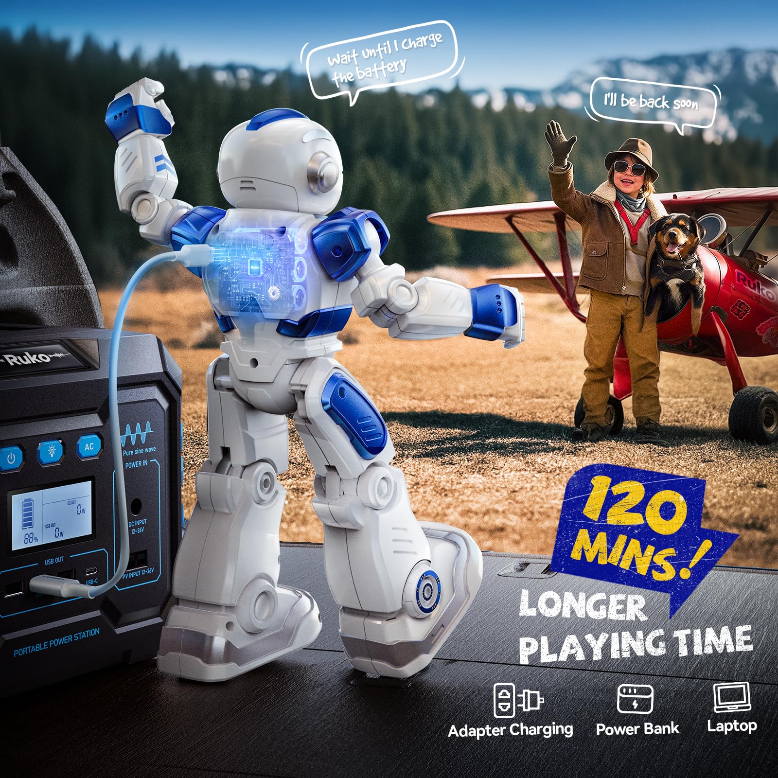 Ruko 6088 Programmierbarer Roboter mit App-Steuerung, Fernbedienung und Gestensteuerung, Wiederaufladbarer interaktiver Roboter mit LED-Gesichtern, Lernspielzeug für Kinder von 3–6 Jahren, Blau